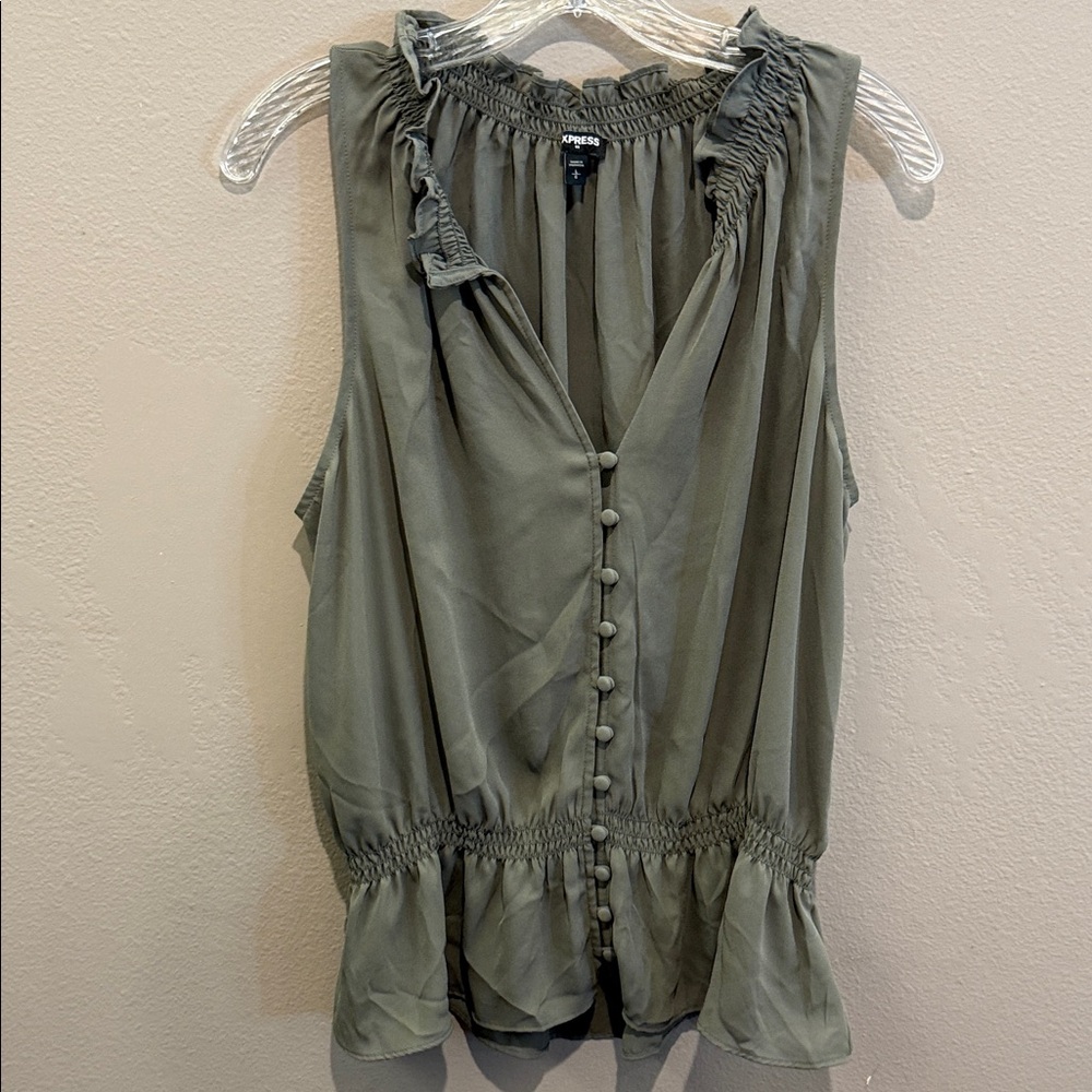 Express Olive Button-Down Ruffle Blouse - image 1